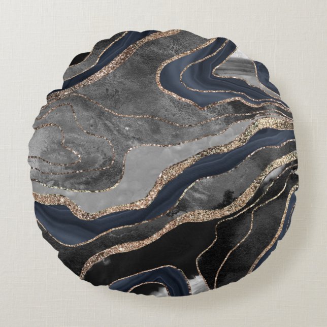 Coussins Ronds Marine Marbre noir Agate Parties scintillant or Gl (Devant)