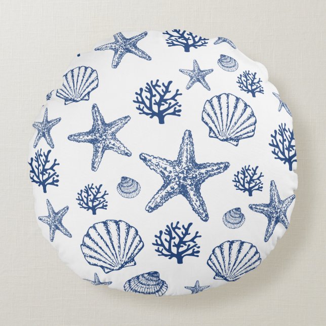 Coussins Ronds Marine White Sea Shell Motif Design côtier (Devant)