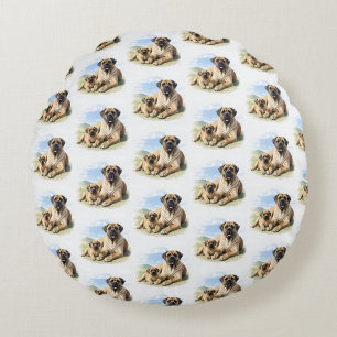 Coussins Ronds Mastiff Dogue anglaise avec enfant en vacances