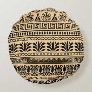 Coussins Ronds Méandre Grec, Motif Méditerranéen, Marron