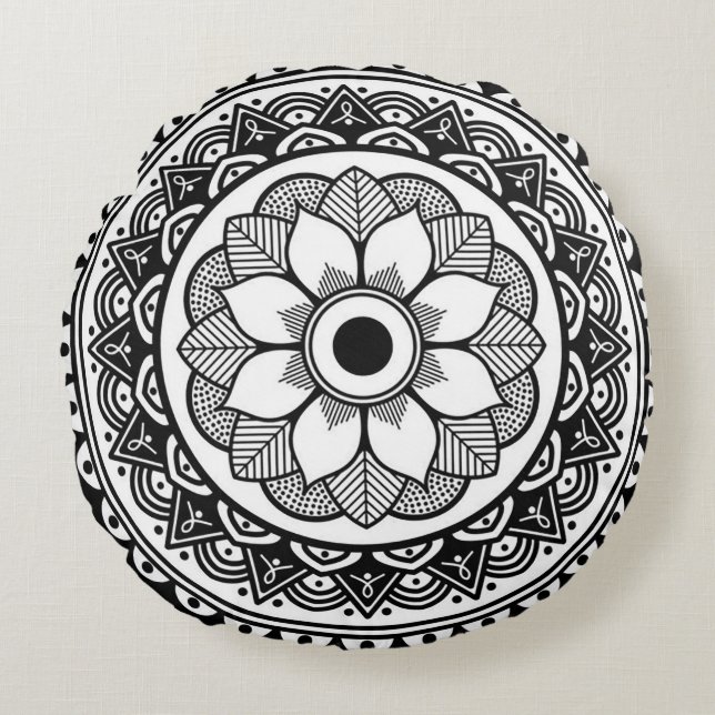 Coussins Ronds Médaillon rond noir et blanc oreiller (Devant)