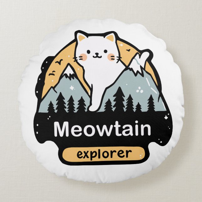 Coussins Ronds Meowtain Explorer – Cute Cat Adventure Design (Devant)