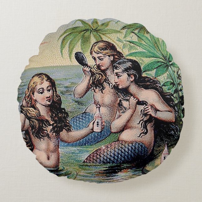Coussins Ronds Mermaid Antique Magie Océan Nautique (Devant)