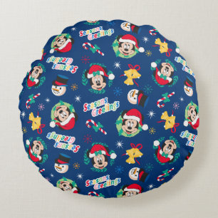 Coussins Ronds Mickey & Minnie   Motif Bonnes Fêtes bleues
