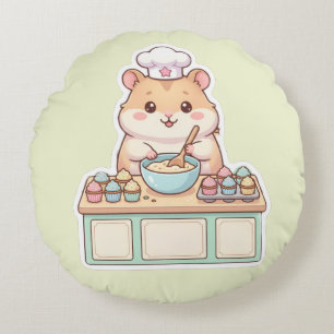 Coussins Ronds Mignon Hamster Kawaii Chef Cuisinant des Cupcakes 