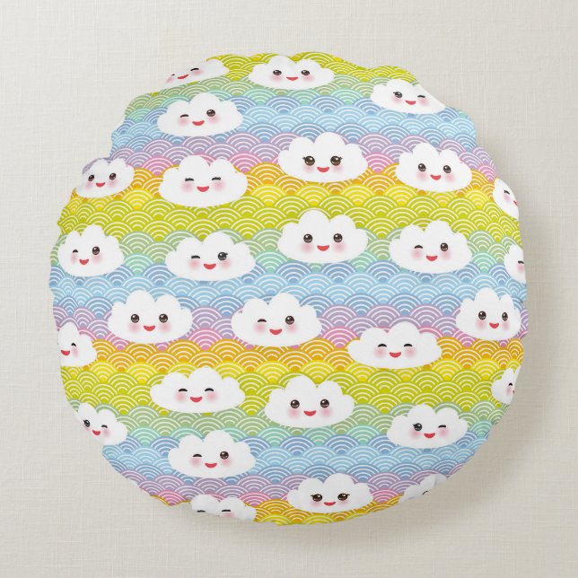 Coussins Ronds Mignon motif de nuages Emoji colorés Kawaii (Devant)