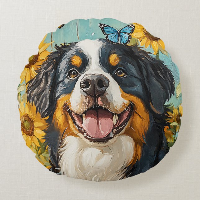 Coussins Ronds Mignonne Chien Peinture Tournesols Rustiques Papil (Devant)