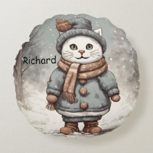 Coussins Ronds Mignonne Noël Chat Snowman Aquarelle Whimsical