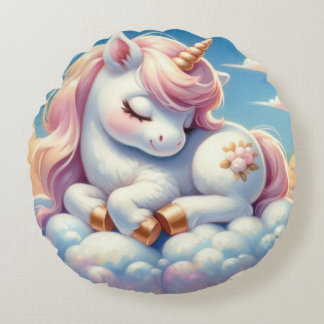 Coussins Ronds Mignonne petite licorne endormie sur les nuages