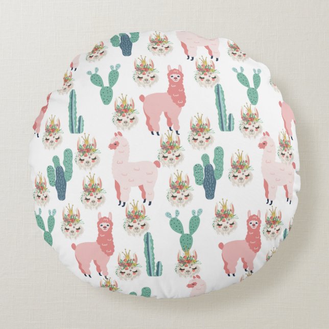 Coussins Ronds Mignons Lama Rose et Cactus Vert (Devant)
