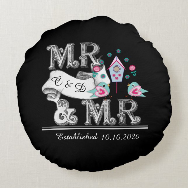 Coussins Ronds Mme et Mme Cadeau Personnalisé Mariage gay (Dos)