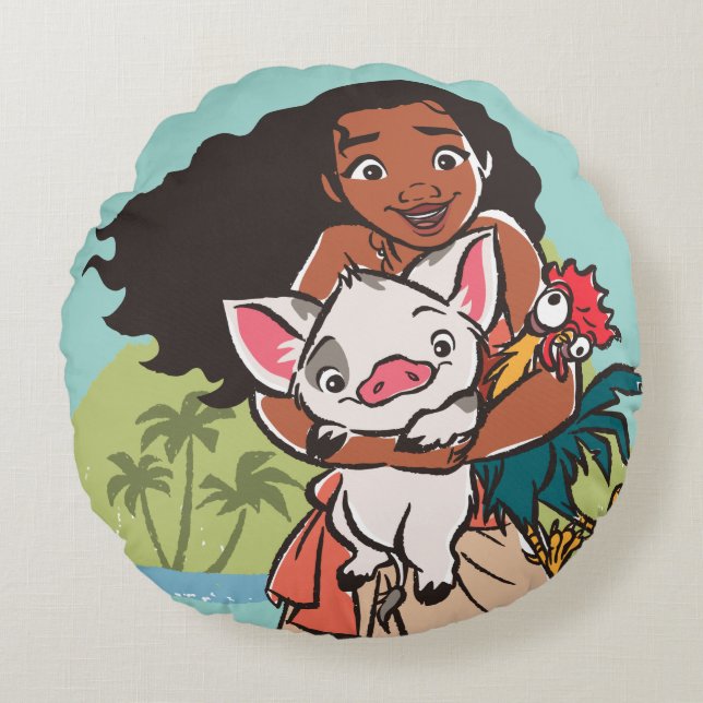 Coussins Ronds Moana | Pua & Heihei - Voyagers (Devant)