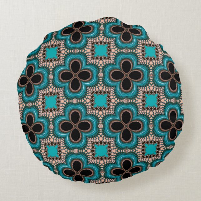 Coussins Ronds Modèle Floral géométrique marocain Turquoise Tan N (Dos)