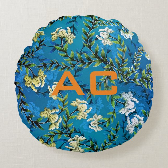 Coussins Ronds Moderne Monogramme Bleu Floral Chic (Devant)
