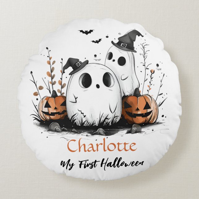 Coussins Ronds Mon premier Halloween mignon Citrouille fantôme No (Devant)
