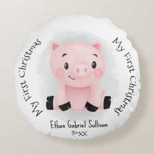 Coussins Ronds Mon premier Noël Nom personnalisé Cochon Noël
