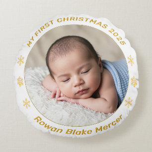 Coussins Ronds Mon premier Noël Or Photo de bébé personnalisée