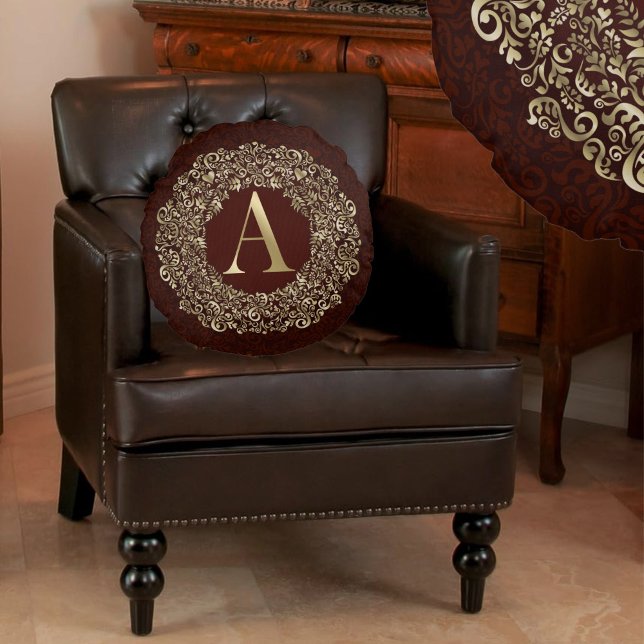Coussins Ronds Monogram Letter A Luxury Gold Burgundy damask (Créateur téléchargé)