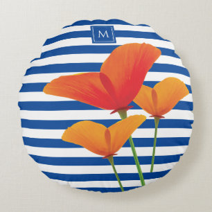 Coussins Ronds Monogramme à rayures bleu chic