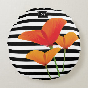 Coussins Ronds Monogramme à rayures noires chic