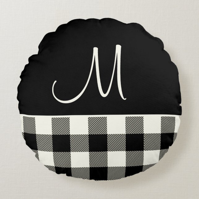 Coussins Ronds Monogramme Black Crem Buffalo Plaid (Devant)