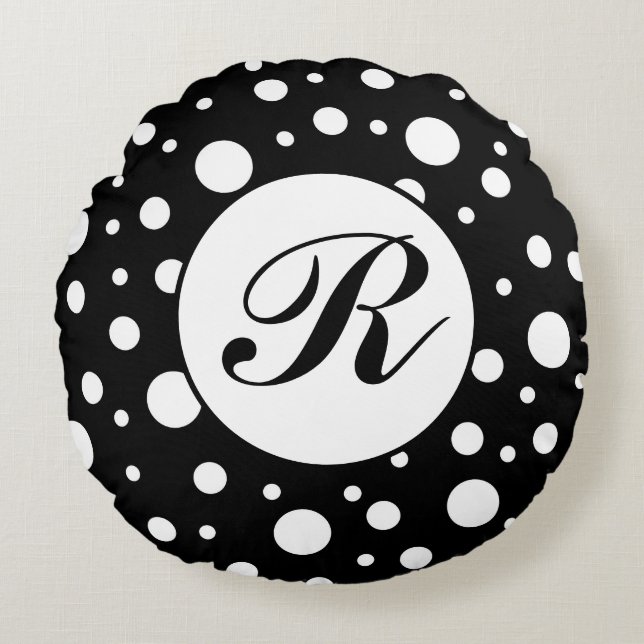 Coussins Ronds Monogramme blanc sur le Motif de points Polka Noir (Devant)