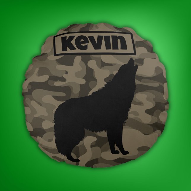 Coussins Ronds Monogramme Brown Camo Black Wolf Silhouette | (Créateur téléchargé)