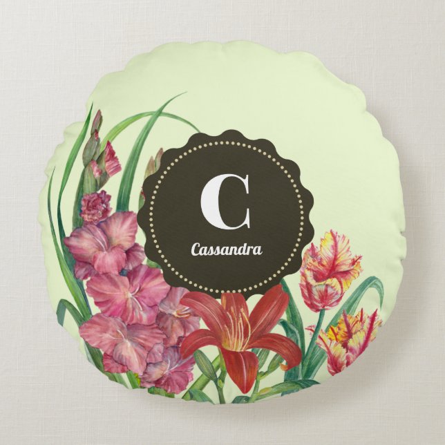 Coussins Ronds Monogramme Couleur chaude Floral Printemps Blooms (Devant)
