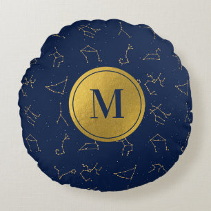 Coussins Ronds Monogramme de constellations de Zodiac bleu or et 