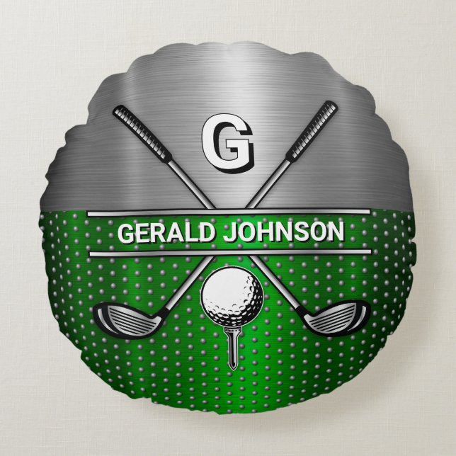 Coussins Ronds Monogramme de golf Metallic Green et Argent (Devant)
