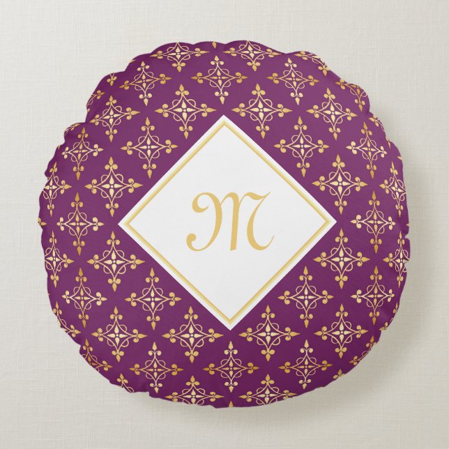 Coussins Ronds Monogramme de luxe violet et or Quatre Floral (Devant)
