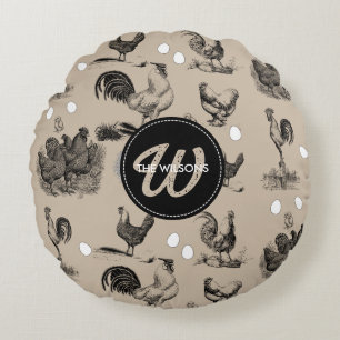 Coussins Ronds Monogramme d'oeuf de coq de poulet vintage