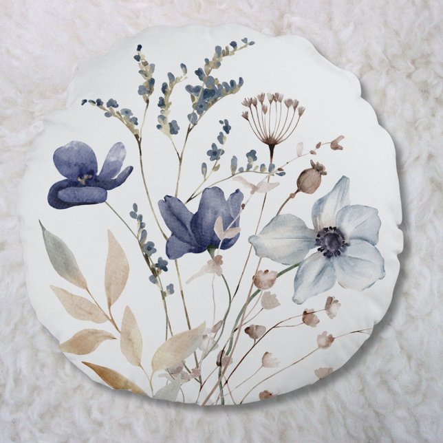 Coussins Ronds Monogramme Elegant Chic Aquarelle Bleu Flower (In situ)