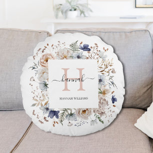 Coussins Ronds Monogramme Élégant Jolies Fleurs Beige Bleu Floral