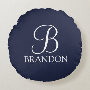 Coussins Ronds Monogramme et nom de script personnalisé bleu mari