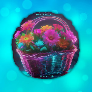 Coussins Ronds Monogramme Fleurs de couleurs vives dans un panier