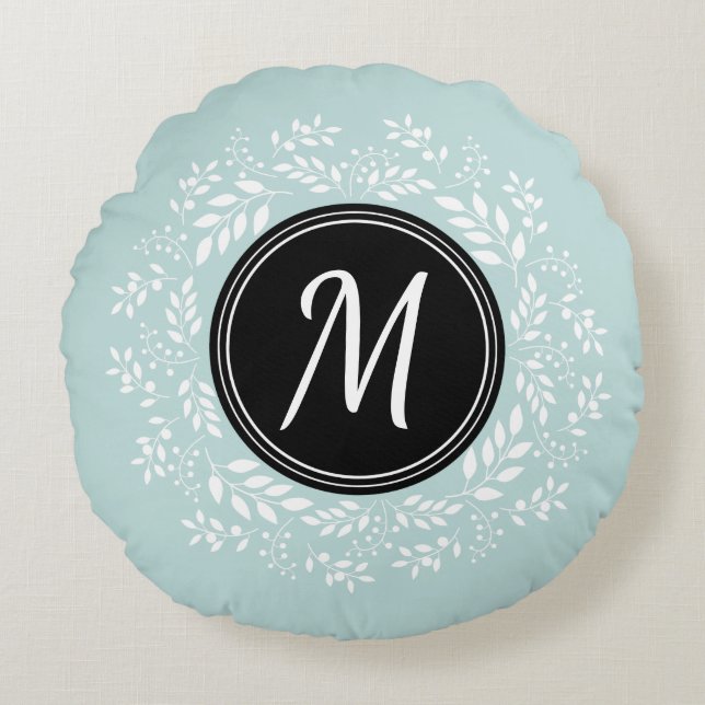 Coussins Ronds Monogramme floral bleu clair contemporain (Devant)