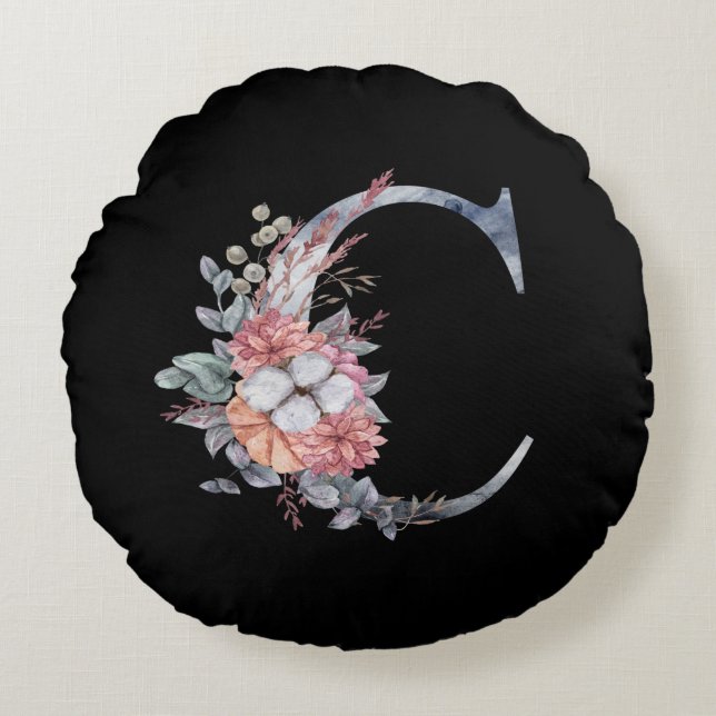 Coussins Ronds Monogramme floral bleu personnalisé C (Devant)
