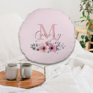 Coussins Ronds monogramme floral botanique chic rose
