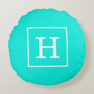 Coussins Ronds Monogramme Initial Cadre Blanc Turquoise Aqua Brt