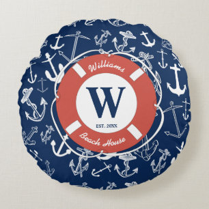 Coussins Ronds Monogramme marine Ancre bleue Maison de plage