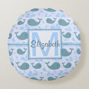 Coussins Ronds Monogramme mignon de motif de baleines bleues
