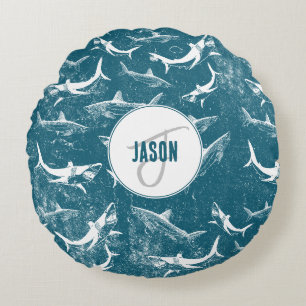 Coussins Ronds Monogramme Motif de requins bleus en détresse