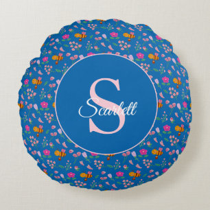 Coussins Ronds Monogramme Nom Fleurs et Abeille Aquarelle Bleu