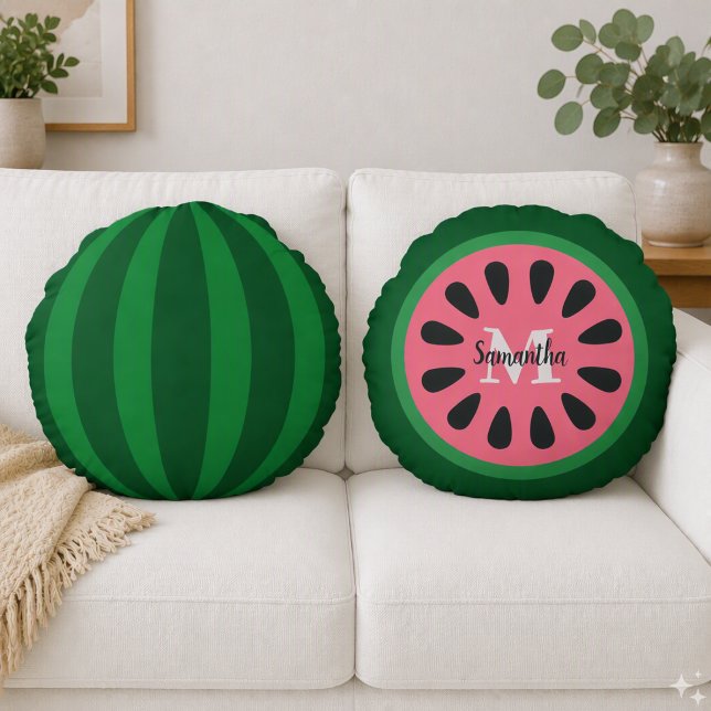 Coussins Ronds Monogramme Pastèque Rose Mignon (Créateur téléchargé)