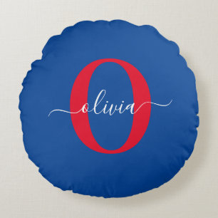 Coussins Ronds Monogramme personnalisé Nom du script Bleu Blanc R