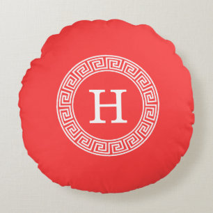 Coussins Ronds Monogramme principal grec blanc rouge de corail