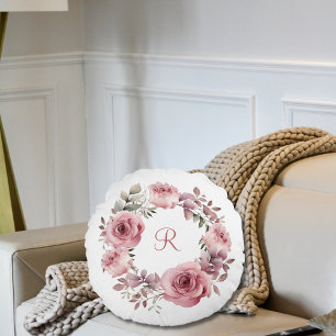 Coussins Ronds Monogramme Rose initiale Roses Verdure Aquarelle