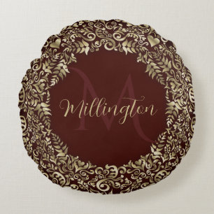 Coussins Ronds Monogramme rouge et or Damask