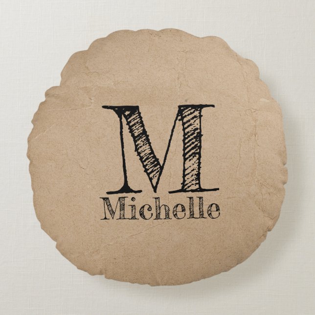 Coussins Ronds Monogramme Rustique Kraft papier Brown Look (Devant)